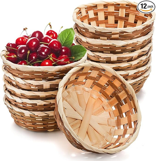 Nicunom 12 Pack Round Gift Baskets, Bamboo Small Bread & Fruit Baskets, 7" Woven Bread Roll Baskets, Food Serving Baskets, Food Storage Basket for Kitchen Restaurant Display Decor