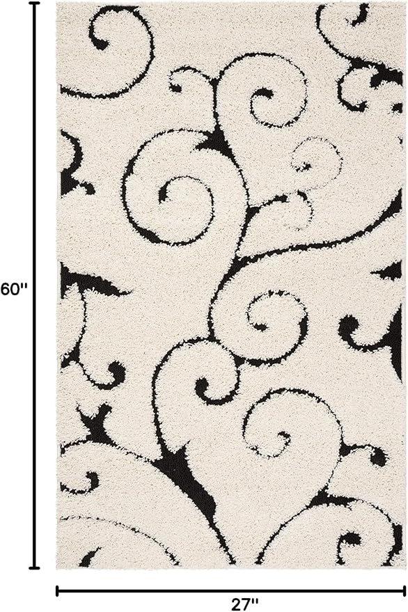 SAFAVIEH Florida Shag Collection Accent Rug - 2'3" x 5', Ivory & Black, Scroll Design, Non-Shedding & Easy Care, High-Low Plush Pile, Ideal for Bedroom, Foyer, Hallway (SG455-1290)