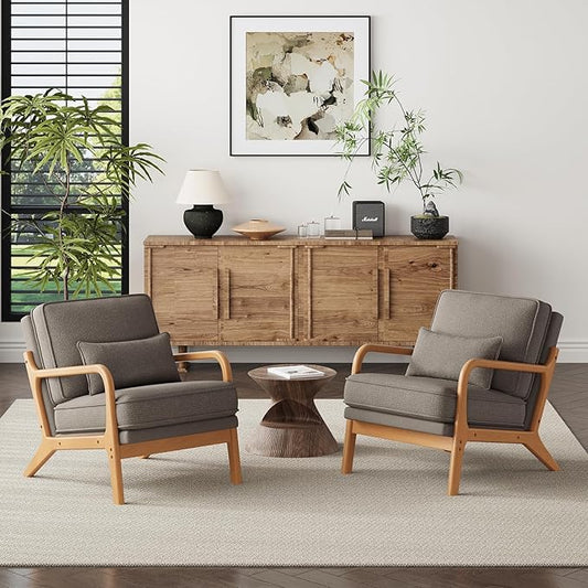 Accent Chair Set of 2 with Solid Wood Frame, Mid-Century Relaxing Armchair Lumbar Pillow& Soft Cushion, Reading Leisure Chair for Living Room, Bedroom, Waiting Room-Grey