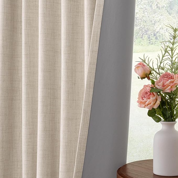 INOVADAY 100% Blackout Curtains for Bedroom, Black Out Curtains 96 Inch Long, Clip Rings Linen Blackout Drapes, Thermal Insulated Room Darkening for Living Room, 1 Panel - Cream,W102xL96