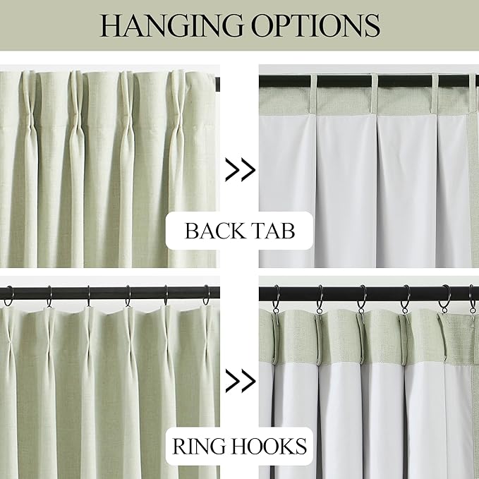 Vision Home Soft Green Pinch Pleated Full Blackout Curtains Linen Blended Room Darkening Window Curtains 120 inch for Living Room Bedroom Thermal Insulated Pinch Pleat Drapes with Hooks 60" Wx120 Lx1