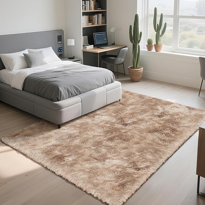 Fluffy Rug Shaggy Area Rug, Mottling Beige 9x12 Area Rugs for Living Room, Large Shag Area Rugs for Bedroom Kids Room Home Decor, Upgrade Anti-Skid Rectangular Fuzzy Rugs