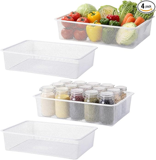 4 Pcs Metal Wire Basket Metal Mesh Basket Pantry Organizers Bin Containers for Home Organizing Cabinet Pantry Closet Kitchen Fridge Fruit Makeup Snacks Gifts(White,Large)