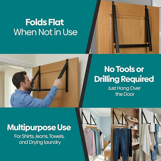 HOLDN’ STORAGE Over The Door Hanger - Foldable Rack Organizer for Hanging Clothes, Coats & Towels, Ideal for Dorm Rooms, Laundry, Bathrooms, Etc - Holds up to 35 LBs, Collapsible - Black (2 Pack)