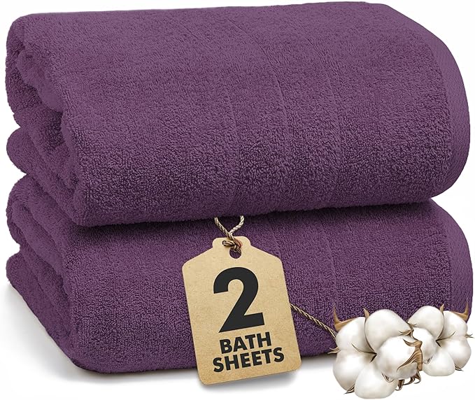Bath Sheets – Extra Large Bathroom Sheet Set – Pack of 2 Jumbo Towels Dark Purple (71x35in) – 100% Cotton Soft Quick Dry Large Bath Towels for Adults Hotel Spa Bathroom Use