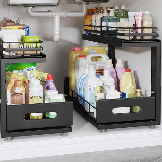 Under Sink Organizer Upgrade To Professional Rails,2-Tier Dual Pull Out Cabinet Storage,Height Adjustable Slide Out Drawers For Bathroom Kitchen,2 Pack-18.5"Dx12.8"-16.9"H,Black