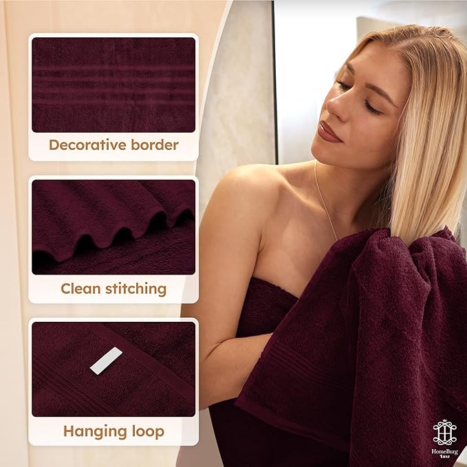 Luxe Set – Washcloths (30 x 30cm), Hand Towels (40 x 70cm) & Bath Towels (65 x 137 cm) – 100% Cotton, Soft, Absorbent, Easy Care, Versatile, (Velvet Wine)