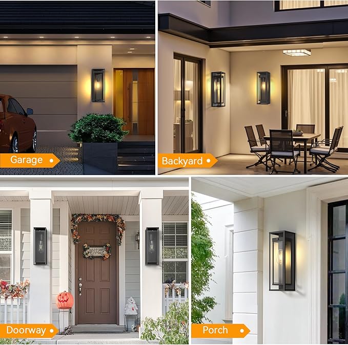 Dusk to Dawn Outdoor Wall Light 2Pack-15in Waterproof Large Porch Sconce Wall Mounted Modern Exterior Lighting Fixture E26 Black Lantern for Outside House Garage Entryway