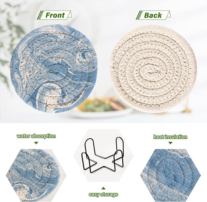 Marble Colorful Drink Coasters, Handmade Cotton Absorbent Coaster Set of 6, Minimalist Home Decor for Coffee Table, Kitchen, Housewarming and Wedding Registry Ideas