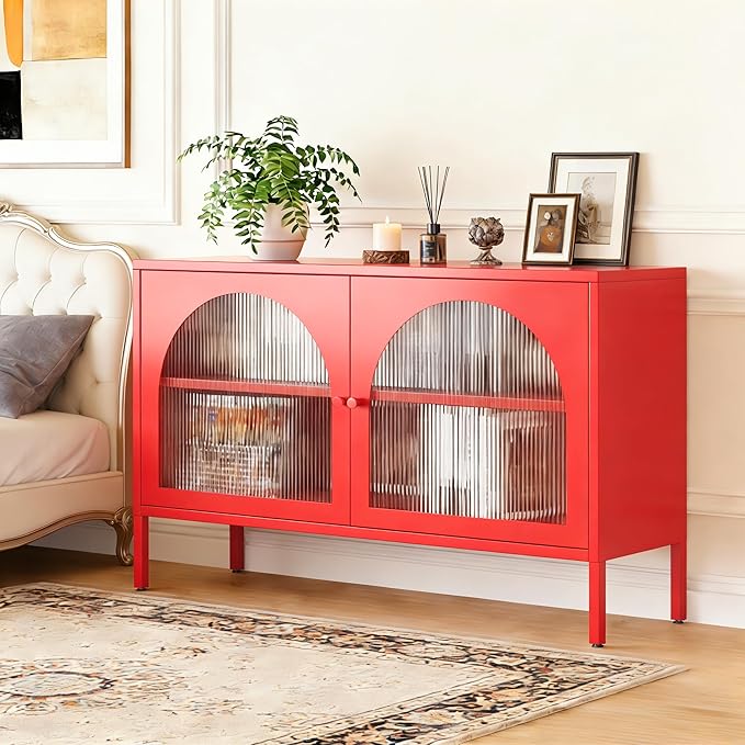 Metal TV Stand, Modern Storage Cabinet with 2 Acrylic Doors, Display Hallway Cabinet with Adjustable Shelf, Living Room Storage Cabinet for Home,Office,Entryway,Dining Room,Bedroom,Red