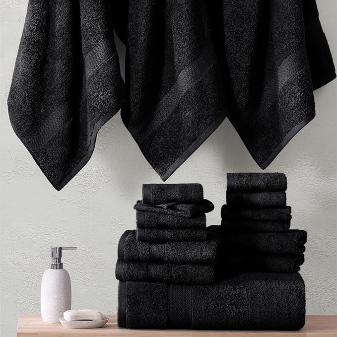LANE LINEN 100% Cotton Black Towel Set for Bathroom - 18 Piece - Super Soft, Hotel Quality - 4 Bath, 8 Wash Cloths, 6 Hand Towels for Bathroom - Classic, Gentle on Skin, Ideal for Spa & Daily Use