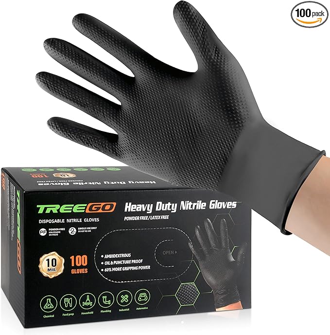 TREEGO 10 Mil Black Nitrile Gloves Heavy Duty — Raised Diamond Texture Grip, Latex Free Disposable Mechanic Work Gloves, Large, 100 Count