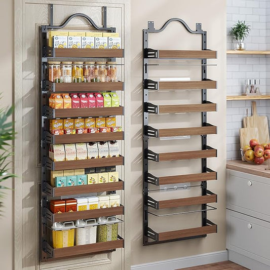 8-Tier Spice Rack Wall Mount, Heavy-Duty Over the Door Pantry Organizer with Wooden Adjustable Basket, 2 IN 1 Wall Mount or Hanging Pantry Door Organizer,Door Spice Rack for Pantry, Black