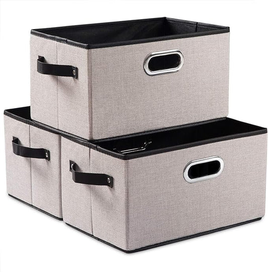 PRANDOM Large Fodable Storage Bins for Closet [3-pack] Decorative Linen Fabric Storage Bins Cubes with Leather/Metal Handles for Shelves Bedroom Living Room Light Grey (14.9x9.8x8.3 Inch)