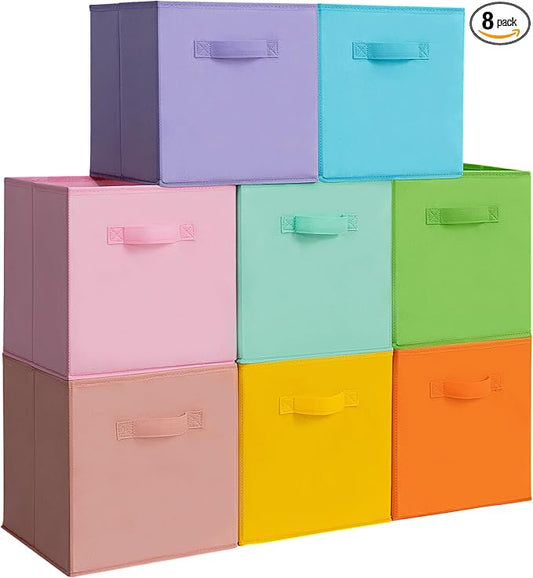 11x11 Storage Bins, Set of 8 Storage Cubes, Collapsible Cube Storage Box, Fabric Closet Organizers with Handles for Home, Office, Closet Shelf Cabinet, Bookcase, Multi-Color