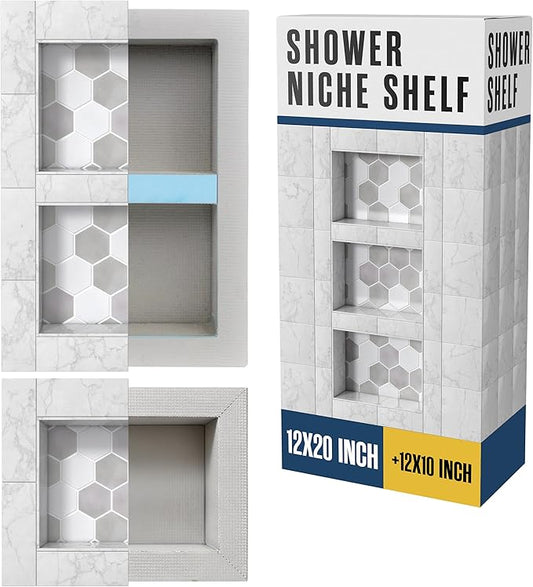 Houseables Shower Niche, Shower Niche Insert Tile Ready, Recessed Bathroom Storage, 12x20 + 12x10, in Wall Shelf, Cubby Inserts, Recessed Shampoo Caddy, Inset Shelves, Built in Nook, Soap Box, Prefab