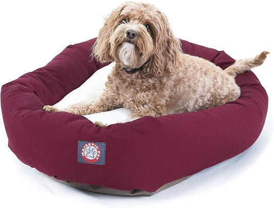 Majestic Pet 32 Inch Poly-Cotton Sherpa Calming Dog Bed Washable 32x18x8 (inch) – Cozy Soft Round Donut Dog Bed with Spine for Head Support - Pet Bed Medium - Burgundy