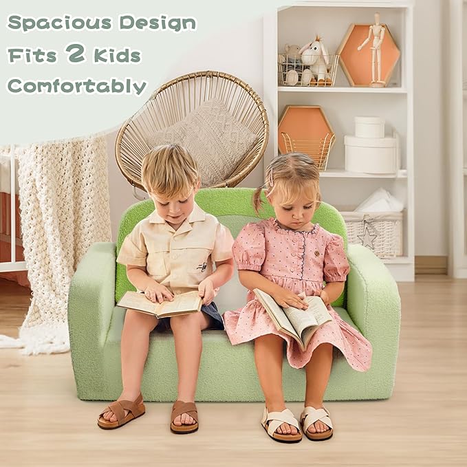 Extra Wide Kids Couch, 2-in-1 Soft Toddler Couch with Blanket, Comfy Toddler Chair, Convertible Sofa with Cute Rainbow Design, Green