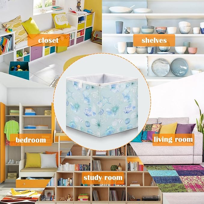 Bolaz Blue Shell Pattern Closet Organizers Storage Cubes Storage Bins Shelf Baskets Containers for Home Room Office,Square