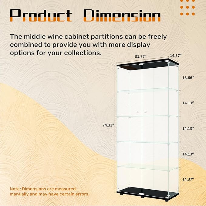LFT HUIMEI2Y Glass Display Cabinet 5-Shelf with 2 Doors and Lock, Curio Cabinets Upgraded Quick-Install Style 5mm Tempered Glass Floor Standing Bookshelf for Living Room, Bedroom, Kitchen Black