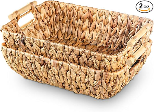 Woven Storage Baskets – Set of 2 Handwoven Water Hyacinth Wicker Baskets with Wooden Handles for Organizing, Decorative Baskets for Laundry Room, Home Decor - 2 Medium