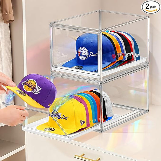 Hat Organizer Box for Baseball Cap, Stackable Hats Storage Container with Sliding Tray Drawer, Large Caps Display Case with Magnetic Door for Closet 16-20 Hats 2Pack Clear