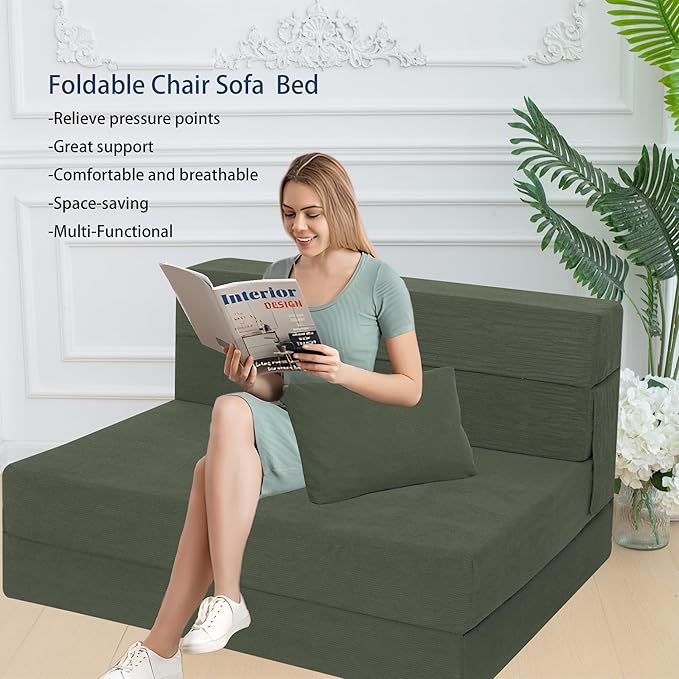 Sofa Bed Foldable Mattress ，Folding Sleeper Sofa Chair Bed Floor Mattress with Pillow for Living Room Home Office (Green-Corduroy, Twin XL)