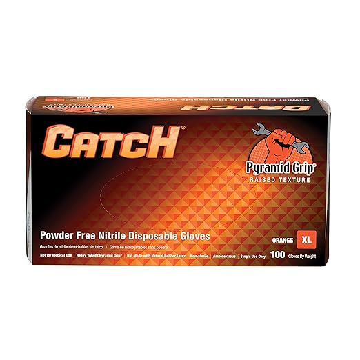 Adenna CAT458 Catch 9 Mil Powder-Free Nitrile Gloves, Raised Grip, X-Large, Orange, Box of 100