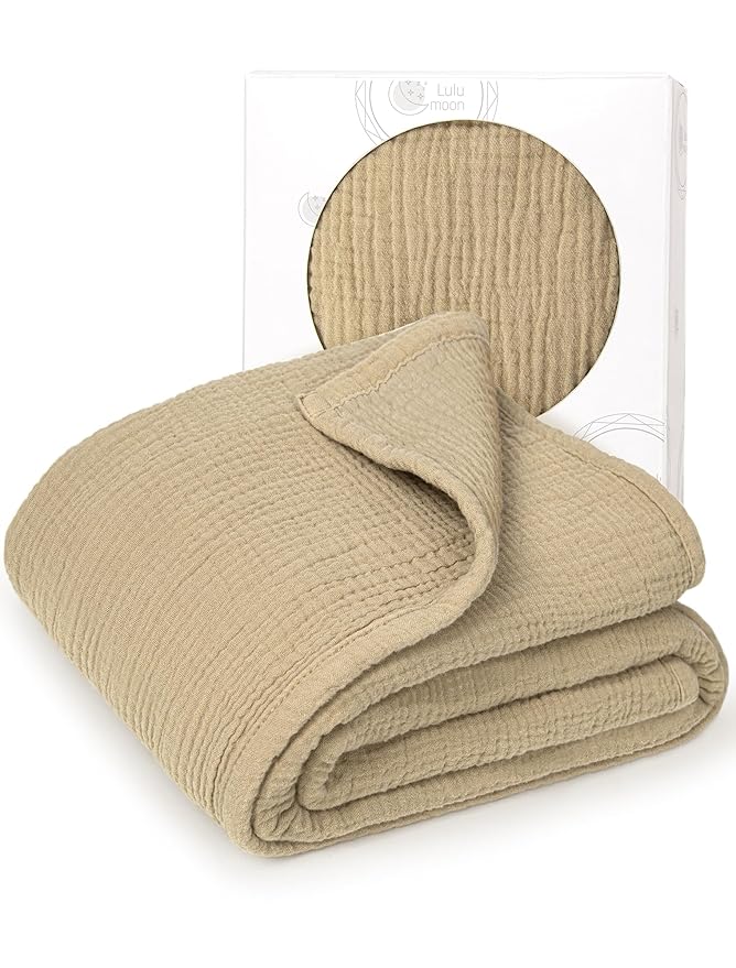 lulumoon Muslin Quilt Blanket, Crib Blanket for Baby and Toddler,47x47 Inches(Khaki)