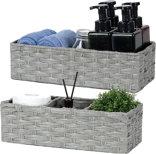 Bidtakay Narrow Wicker Bins for Organizing 2-Pack Decorative Baskets for Washroom Waterproof Imitation Small Wicker Storage Baskets for Shlef Closet Bedroom Entryway Office Desk Light Grey
