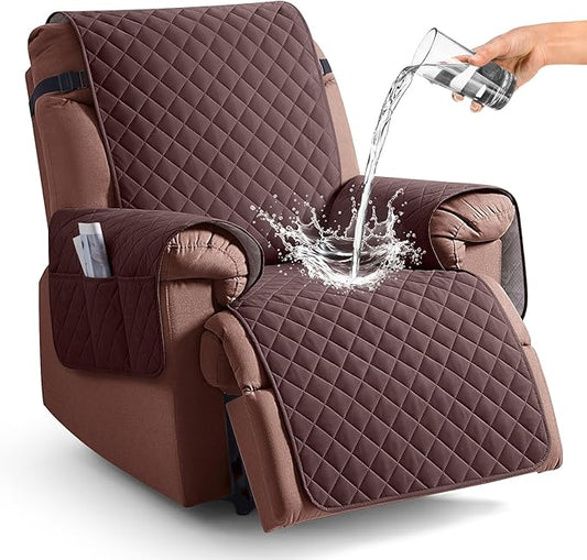 KinCam 100% Waterproof Recliner Chair Cover, Reclining Couch Covers for Pets, Dogs, Recliner Couch Slipcover Furniture Protector with Elastic Straps for Kids(28", Coffee)