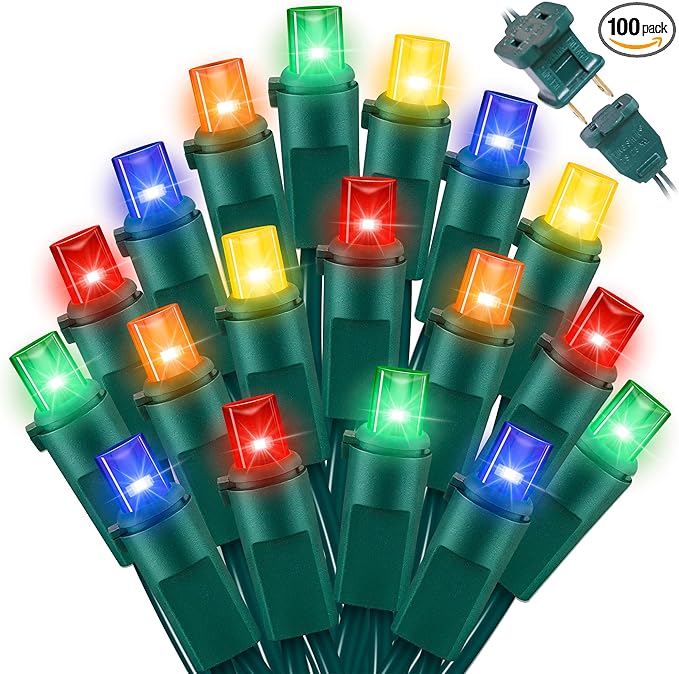 LAMPHOME Multicolor Christmas String Lights,Multi-Colored Mini Lights,100LED 21.6Ft Fairy Tree Lights Plug in for Indoor Outdoor Xmas Decorations Patio Holiday Theme Party Yard House,Green Wire