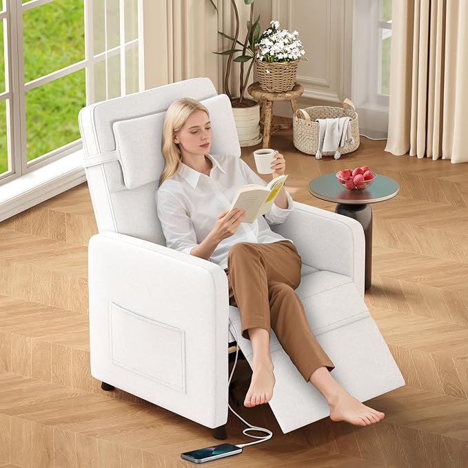 GarveeHome Power Recliner Living Room Lazy Chair Adjustable Electric Reclining Chair Home Theater Seating with Side Pockets & USB Port(White)