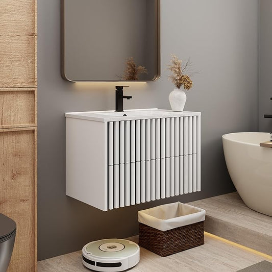 eclife 30" Floating Bathroom Vanity with Sink Combo, Modern Wall Mounted Cabinet with 2 Fluted Drawers, Undermount Sink, Faucet, Drain, Mixed White
