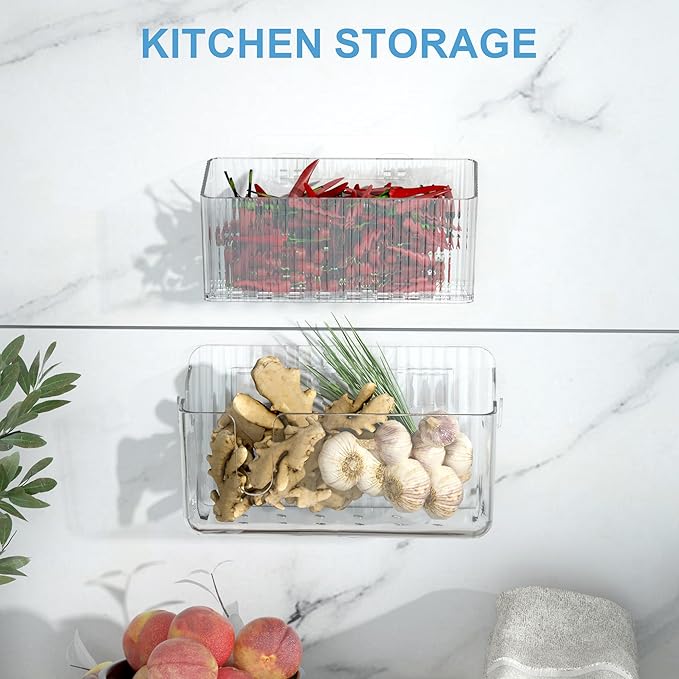 BasicForm 2 Pack Cabinet Door Organizer Bins, Adhesive Wall Mounted Clear Storage Caddy, Stackable PET Baskets for Kitchen Cabinets, Bathroom, Pantry, RV, and Office Organization