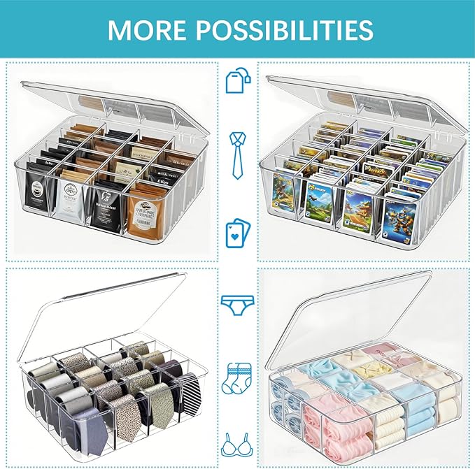 Tea Bags Organizer: Extra Large Tea Bag Holder Organizer with Lid, Acrylic Drink Packets Storage for Cabinet, Counter, Countertop, Drink Packets Caddy for 16 Different Types