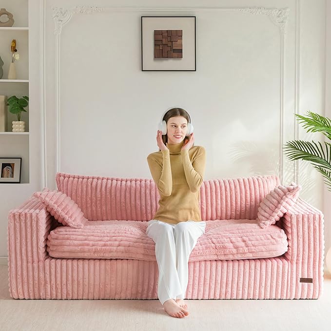 MAXYOYO 76" Bean Bag Sofa Couch, Loveseat Boneless Couch in a Box, Upholstered Small Mini Sofa with Deep Seating for Living Room Bedroom Office Apartment, No Assembly, Pink