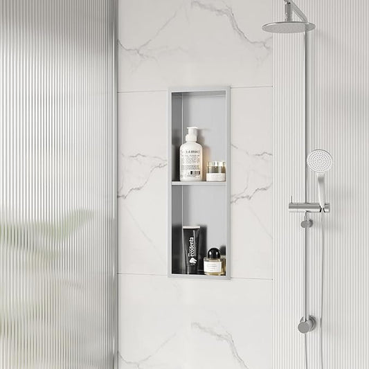 Stainless Steel Shower Niche 24" X 8", No Tile Needed Wall Niche Double Shelves, Recessed Shower Shelf for Bathroom Storage, Brushed Nickel