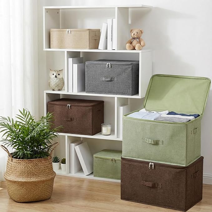 ANMINY 2PCS Storage Bins with Zipper Lids 13 Qt Lidded Fabric Storage Boxes Baskets Cubes with Handles Collapsible Washable Cotton Linen Closet Shelf Clothes Organizer Containers - Green, Small