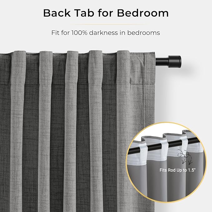 INOVADAY Blackout Curtains, 2-Panel Linen Textured 100% Thermal Insulated Room Darkening Sun Blocking Drapes for Bedroom, Nursery, Living Room + 20 Curtain Ring Clips - Dark Grey, 50''W x 72''L