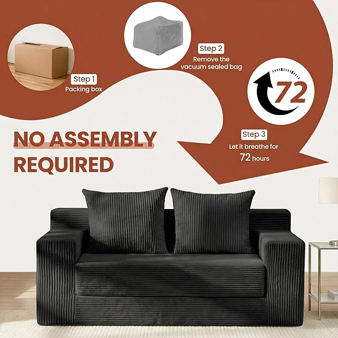 5 in 1 Convertible Sofa Bed,Small Boneless Couch Pull Out Loveseat Sleeper Sofa,Corduroy Futon Couch Folding Mattress with 4 Pillows for Living Room Bedroom Lounge (No Assembly)