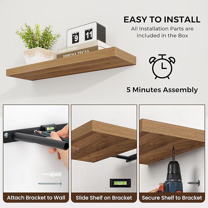 Dreamland 16 Inches Floating Shelves for Wall,6.7 Inch Deep Floating Shelves Set of 2, Large Display & Storage Shelf, Wall Shelf for Bathroom Bedroom Living Room Kitchen Office,Walnut