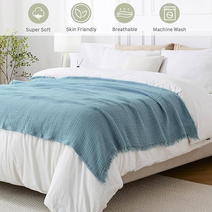Muslin Blanket 100% Cotton Blanket Throw 50”x65”, Lightweight Breathable Summer Blanket Throw. Supersoft 4-Layer Gauze Throw Blanket for Sofa, Couch, Bed, All-Season Use, Sky Blue