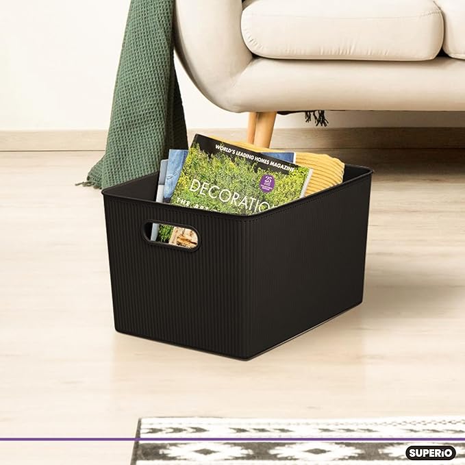 Decorative Plastic Basket Lidded Home Storage Bins Organizer Baskets, X-Large Brown (1 Pack - 22 Liter) Stackable Container Box, for Organizing Closet Storage Bins for Shelves - Ribbed Collection