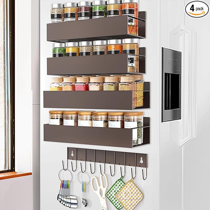 Magnetic Spice Rack for Refrigerator, 4 Pack Magnetic Shelf with 1 Hook Magnet Spice Storage Rack Seasoning Organizer with Screw for Oven Fridge (Bronze, 4Rack&1Hook)