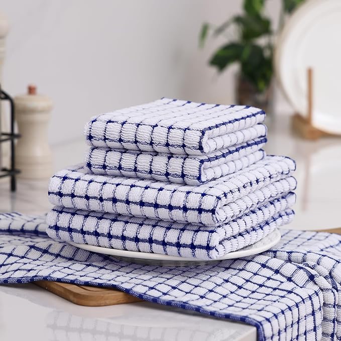 Homaxy Kitchen Towels and Dishcloths Set, 16 x 25 and 12 x 12 Inches, Set of 8 Cotton Terry Kitchen Dish Towels, Super Soft and Absorbent Dish Cloths, Blue