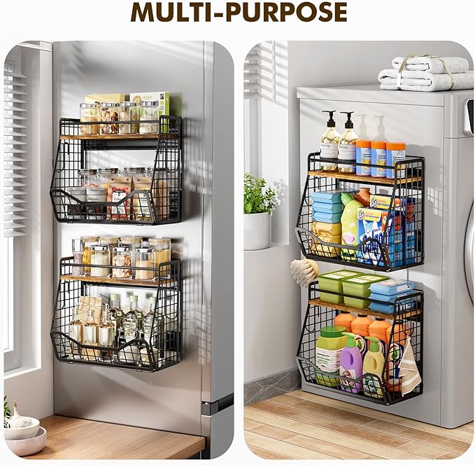 Strong Magnetic Shelf for Fridge 2-in-1 Magnetic Spice Rack for Refrigerator with Wood Top, Extra-Wide Heavy Duty Rust-Proof Fridge Organizer Basket for Potato Onion Fruit Kitchen Pantry Storage-2pcs