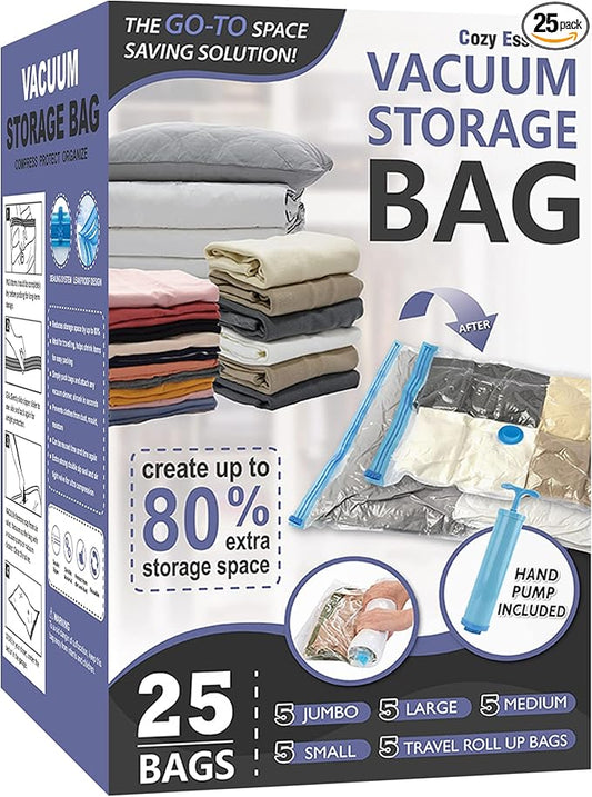 Cozy Essential Vacuum Storage Bags, Compression Space Saver Bags for Clothes, Comforters, Blankets, Pillow, Bedding, Sealer Clothing Storage,25 Combo