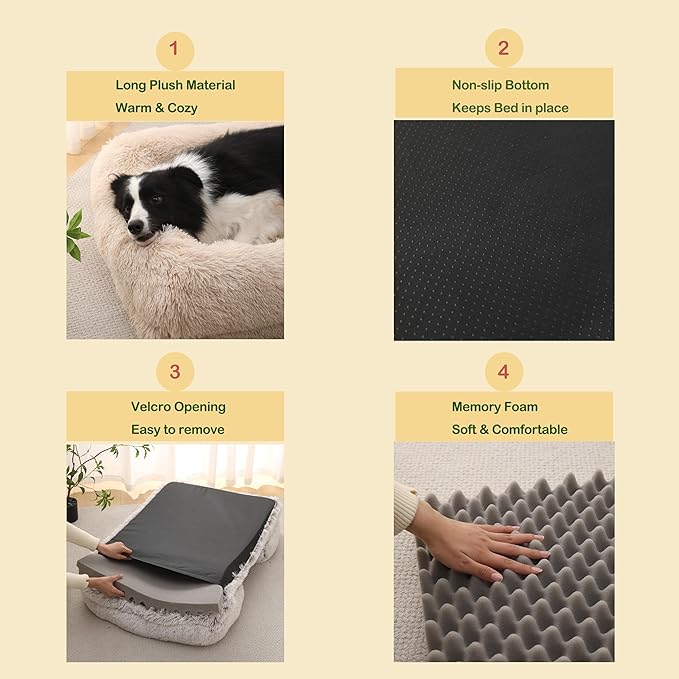 Orthopedic Dog Bed for XL Dogs - Washable Memory Foam Pet Sofa, Fluffy Plush Rectangular Bed, Waterproof Anti-Anxiety Couch, Light Gray, XL