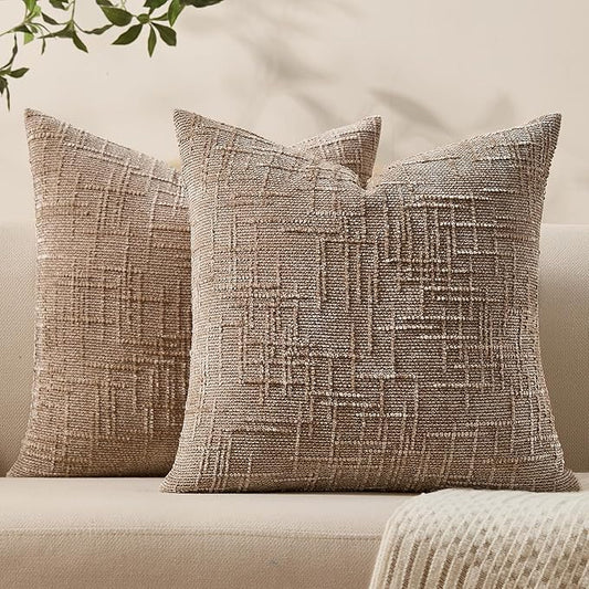 Decorative Couch Throw Pillow Covers 20x20 Set of 2 Camel Soft Chenille Pillow Covers Neutral Textured Boho Cushion Covers for Modern Farmhouse Sofa Bedroom Living Room Decor SY008-D20